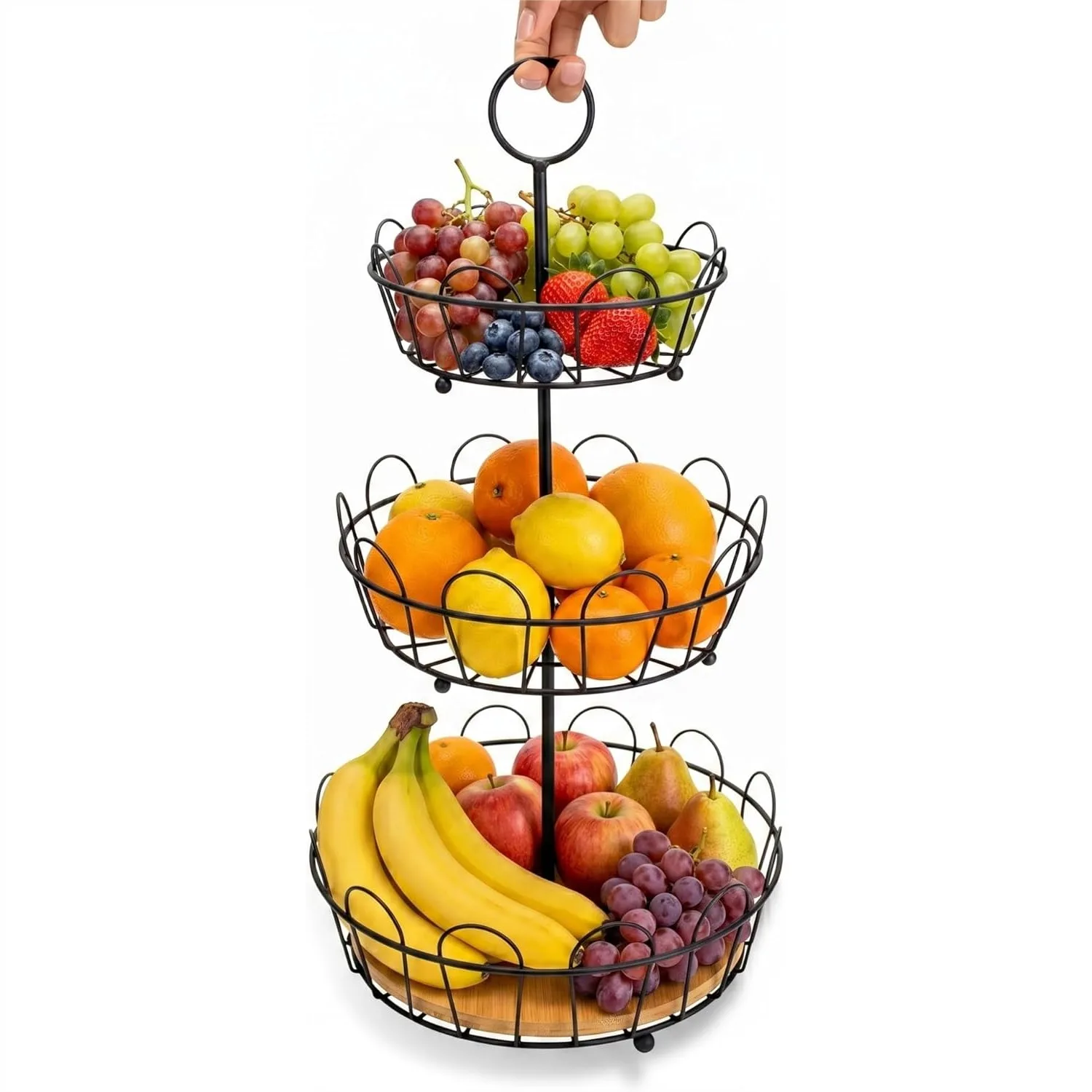 

3-Tier Farmhouse Fruit Basket Stand with Detachable Wire Baskets for Kitchen Counter Storage - Black