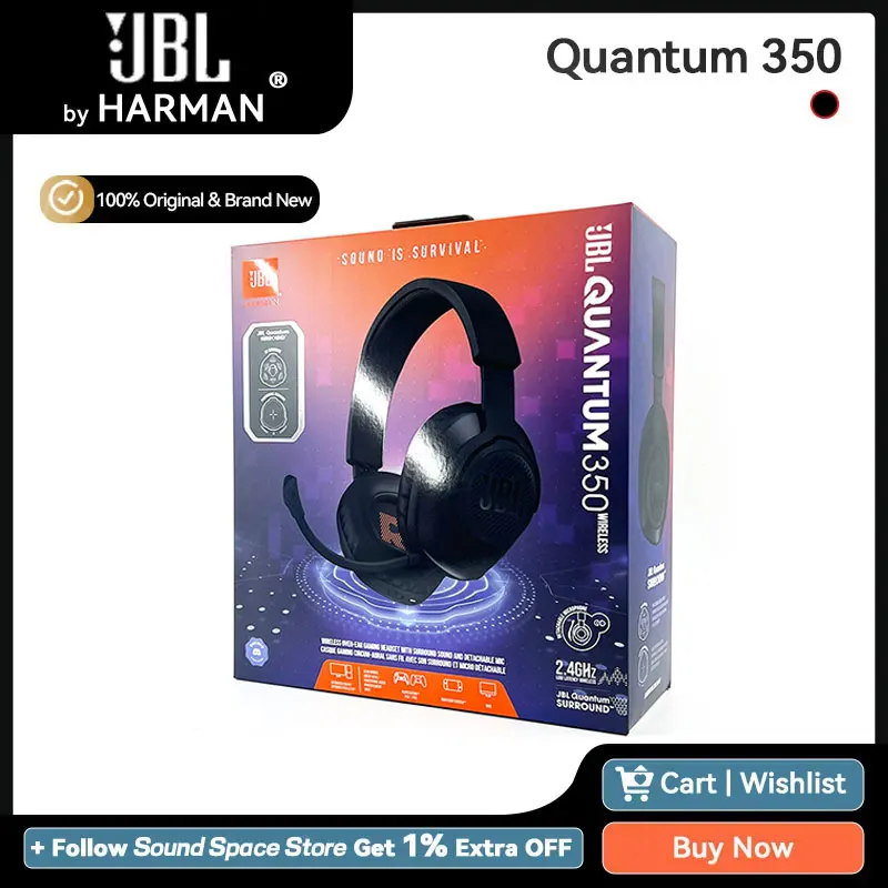 JBL Quantum 350 Wireless Gaming Headset Gamer Headphones with Microphone 2.4GHz Low Latency 40mm Driver Size for PS4 PS5 Switch