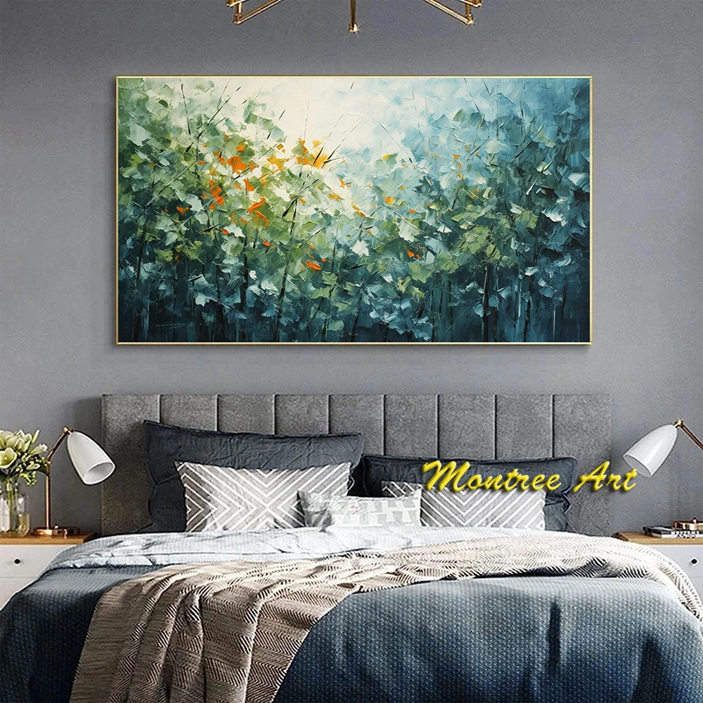 Hand Painted Oil Painting Original Lush Plants Oil Painting Large Wall Art Blue Decor Abstract Green Leaf Art Living Room Decor