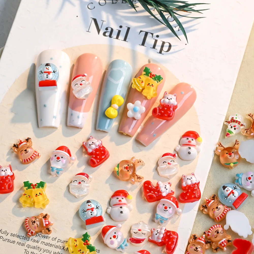 50PCS/Pack 3D Cute Mixed Christmas Nail Charms Cartoon Resin Kawaii Snowman Santa Claus Elk Nails Decor DIY Xmas Manicure Parts