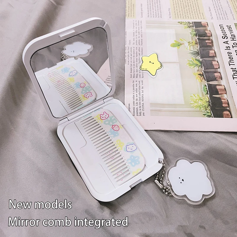 귀여운 만화 작은 곰 접이식 클램셸 거울, 메이크업 거울, 빗 포함, 휴대용 크리에이티브, 여자 핸드헬드 거울