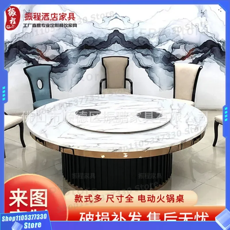 Custom Large Round Rock Slab Dining Table With Electric Turntable And Induction Cooker Integrated Commercial Hot Pot
