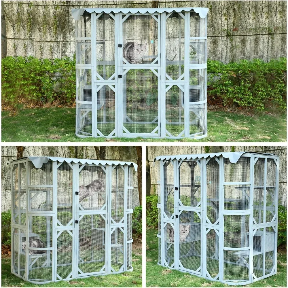 Outdoor Cat House with Weatherproof Roof，Large Catio Cat Enclosure for Multiple Cats Life Walks in Cat Cage & Run