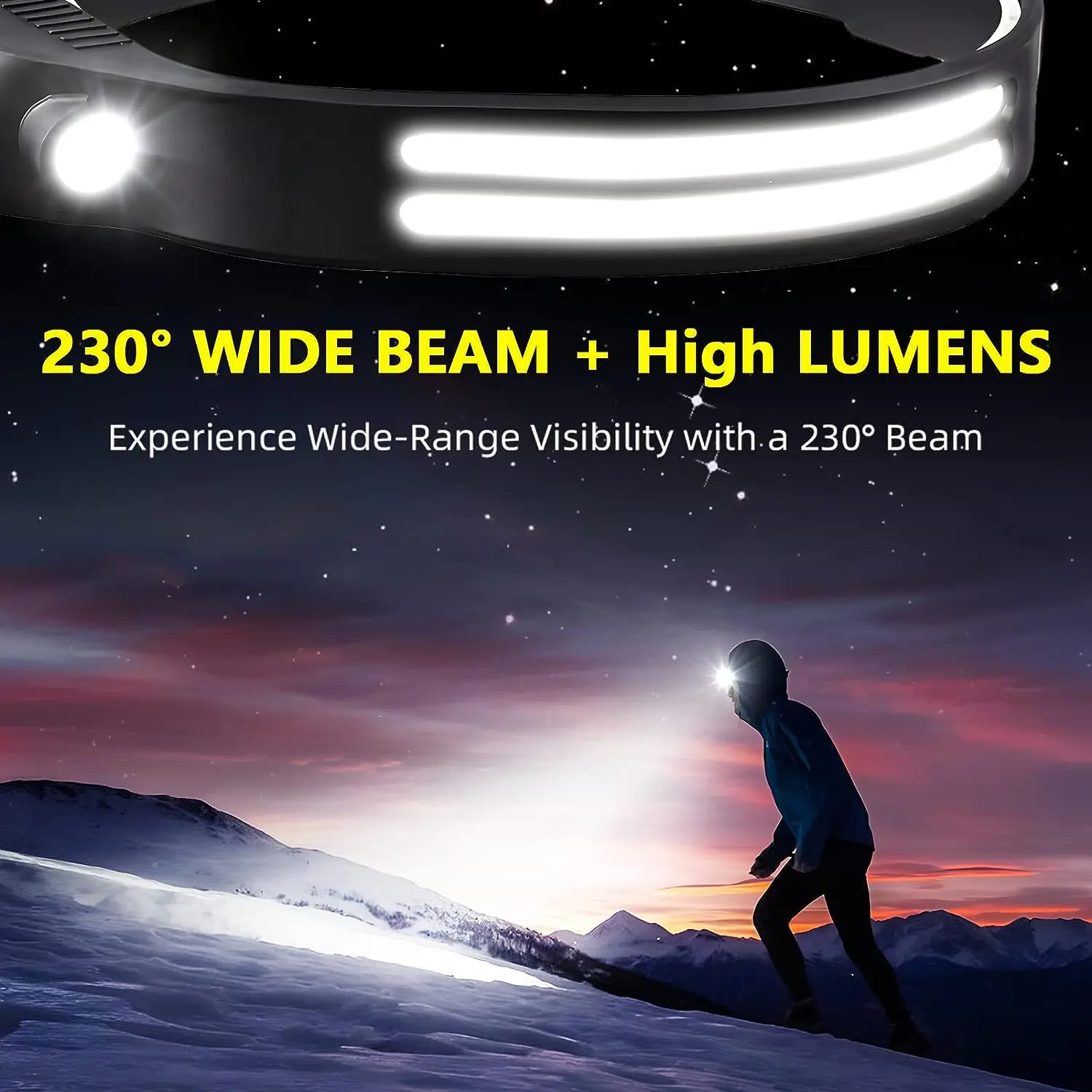 2PCS LED Headlamp Rechargeable  230° COB Super Bright Head Lights for Forehead, Hard hat Light for Adults, USB C Headband Flash