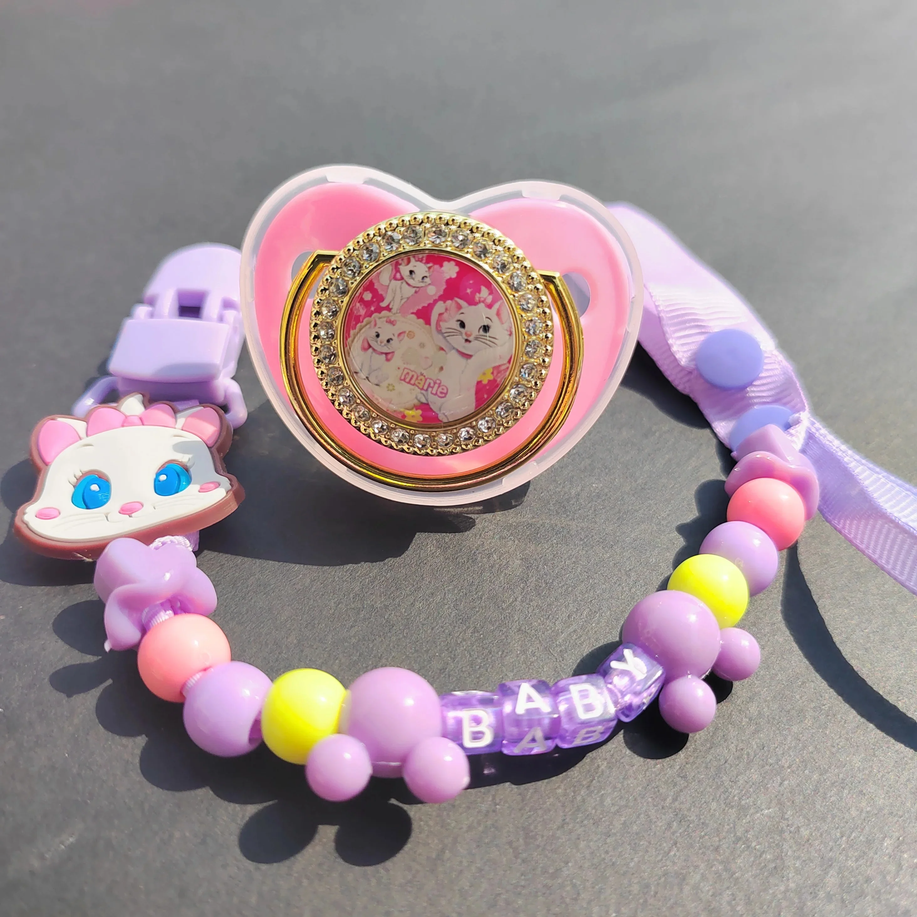 2024Kawaii Baby Personalized Pacifier Clip Pink Mary Cat Bling Luxury Pacifier holder Silicone newborn nipple Baby cleaning gift