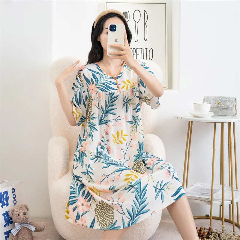 Cotton Rayon Sleep Dress Nightdress For Women Spring Summer Short Sleeve Printed Home Clothing New Large Size Ladies Nightgowns