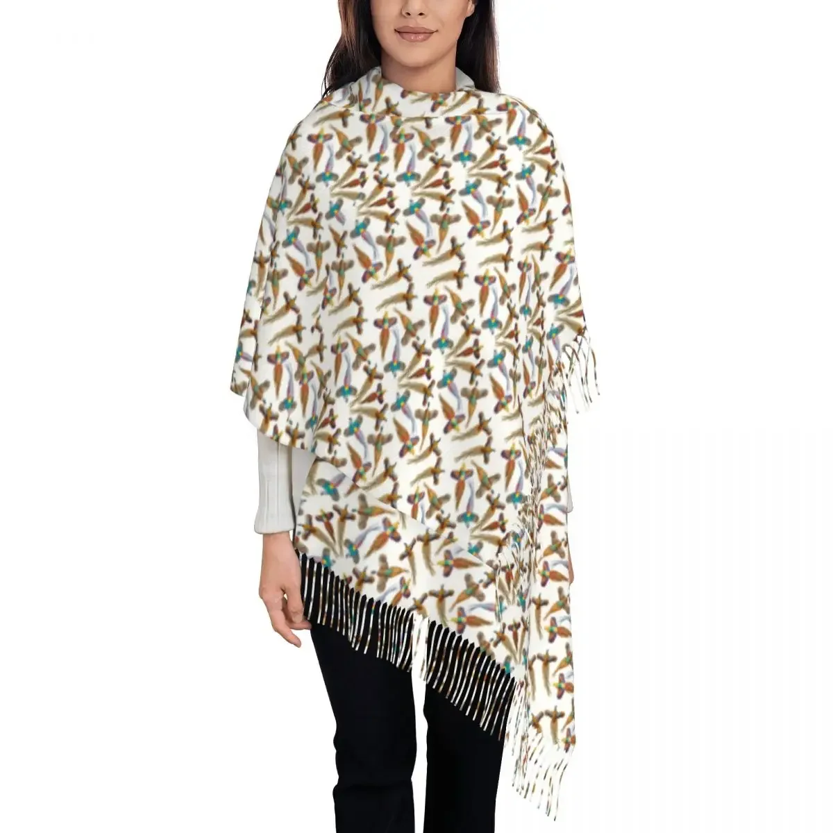 Birds Print Scarf Female Flying Wild Pheasants Large Scarves with Long Tassel Winter Shawls and Wrap Warm Soft Design Foulard