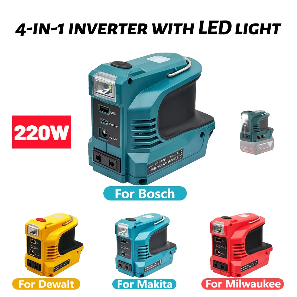 220W Power Inverter DC 18V-20V To AC 220V  for Bosch/Makita/Milwaukee/DeWalt Fast Charge USB Type-C DC AC Port Output with LED