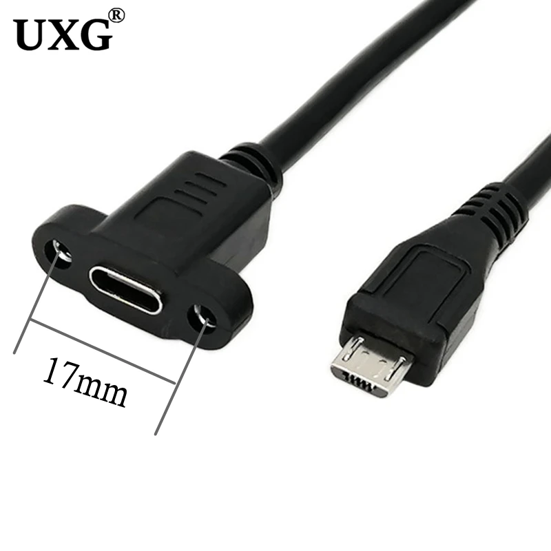 Micro Type USB USB 2.0 Male Connector to Type-c Mini USB 5pin Female Extension Cable Pitch 17mm With Screws Panel Mount Hole