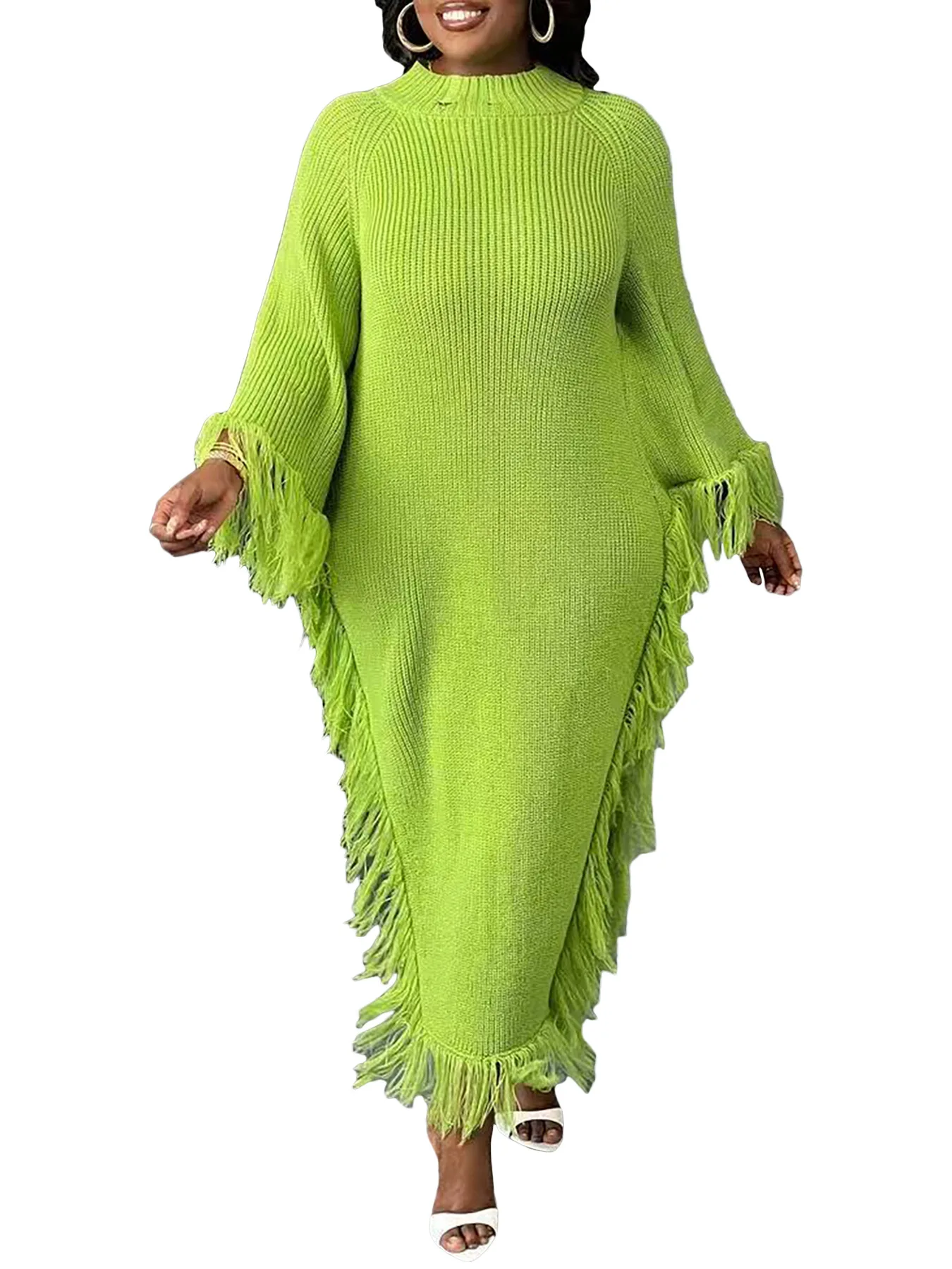 D8724 New Fashionable Casual Tassel Trim Half High Neck Shoulder Insert Sleeve Asymmetrical Dress 5 Colors Available