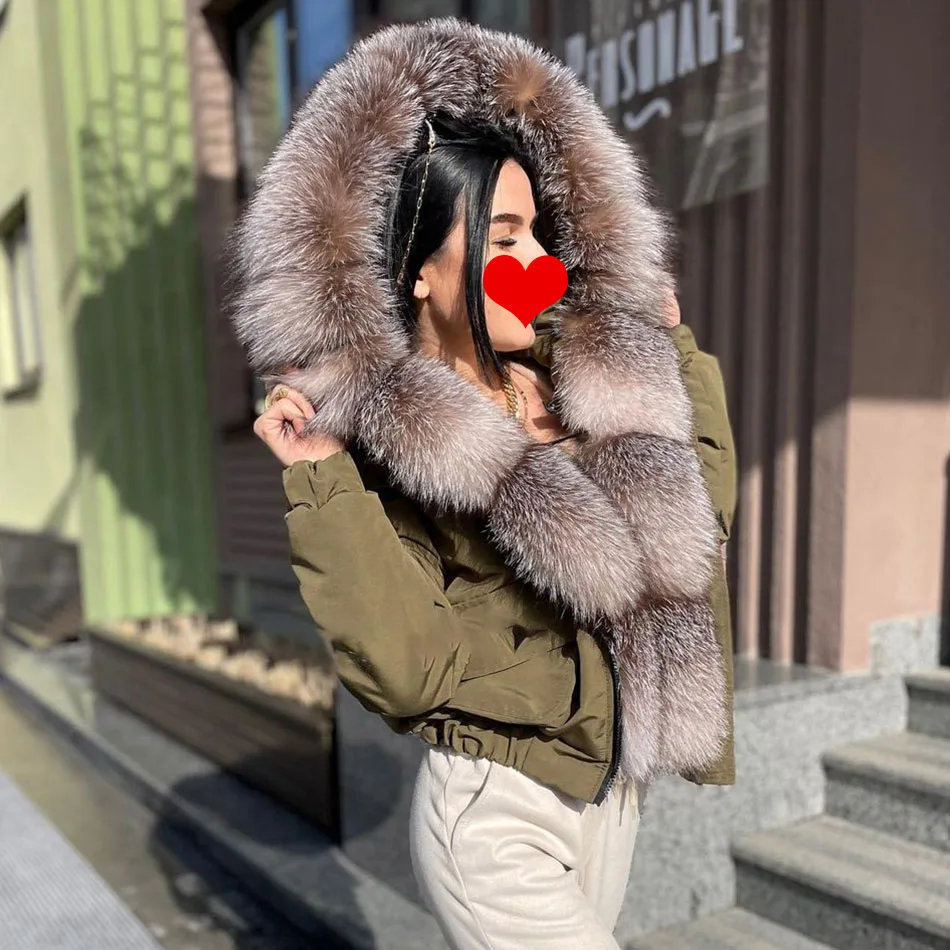 2021 fashion short ladies real fox skin waterproof coat natural raccoon big fur collar winter parka bomber short jack