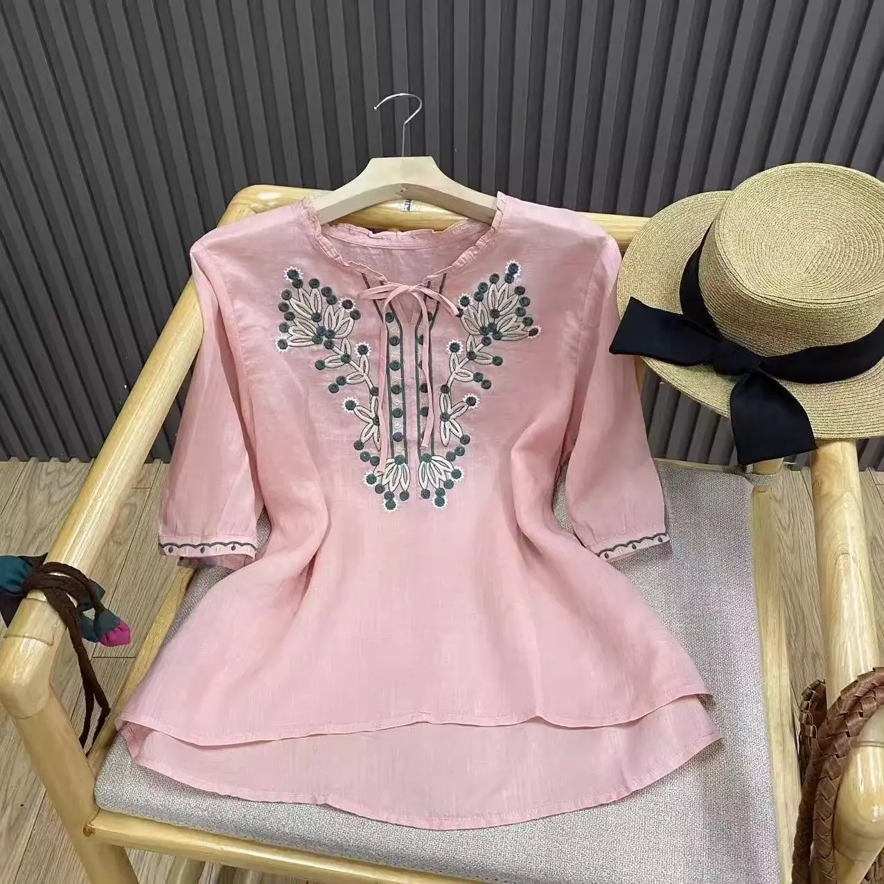 Retro Embroidered Tie Summer Ear Collar Pullover Shirt Artistic Mid-sleeve Loose Thin Top