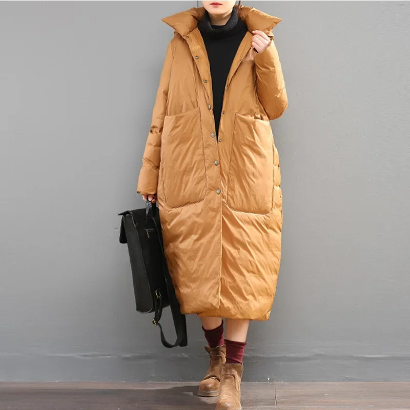 Winter New European Large Down Coat Women Long Loose Large Pocket Thickened Warm White Duck Down Coat