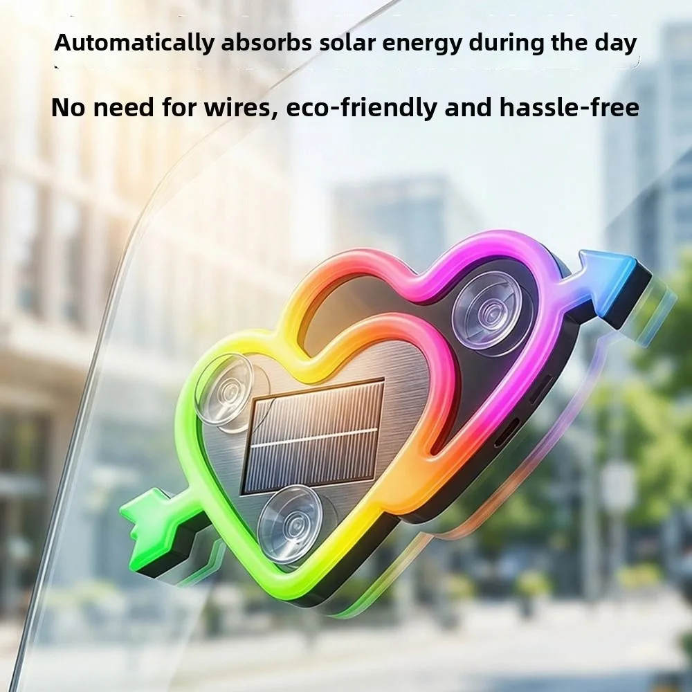 Solar Powered LED Car Neon Lights Wiring Free Suction Cup Mount Automotive Solar Heart Lamp Light/Vibration Sensor