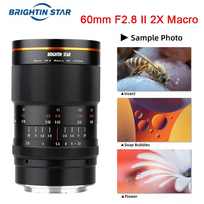 Brightin Star 60mm F2.8 II 2X Macro Camera Lens Magnification Manual Focus For Sony E Canon RF EOSM Fuji M43 Nikon Z Mount