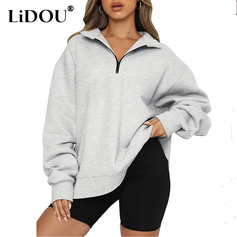 

Autumn Winter Polo-neck Zipper Sweatshirt Female Loose Casual Solid Color Harajuku Y2K All-match Pullovers Ladies Sporty Tops