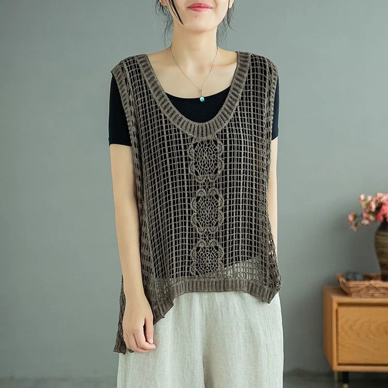 Summer Cotton Women Knitted Tank Tops Wear Outside Solid Fashion All-match Vintage Literary Casual Oversized Clothing Vest White