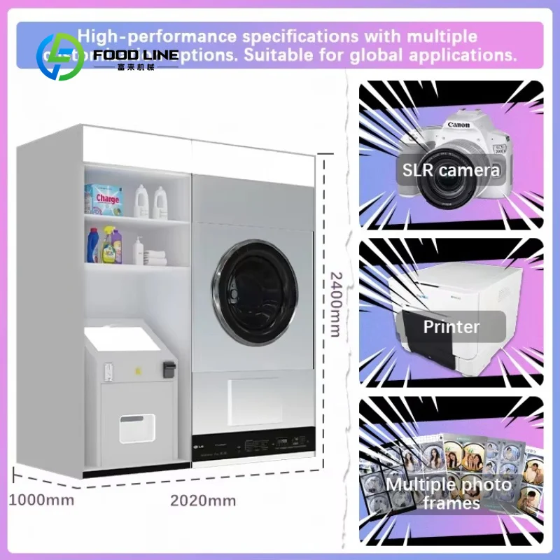 Customized Retro Washing Machine Photo Booth, Commercial Selfie Kiosk with Printer for Parties, Events & Retail Spaces