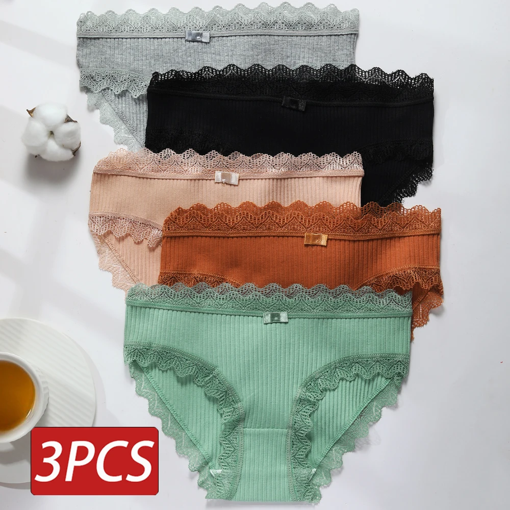 KISSWIFE 3PCS Cotton Panties Women Comfortable Underwears Sexy Middle-Waisted Underpants Female Lingerie Big Size Ladies Briefs