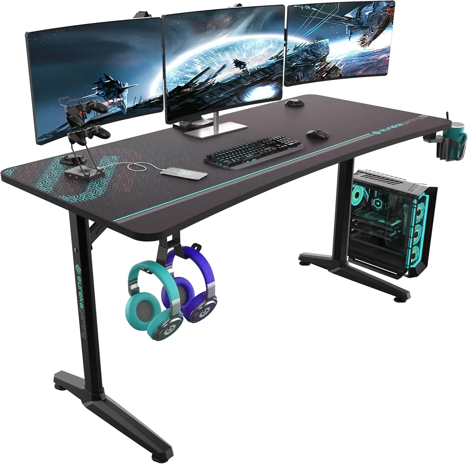 

EUREKA ERGONOMIC 60 Inch Gaming Desk with Full Mouse Pad, Large Home Office Curved Computer Desk for 3 Monitors with Cup Holder,