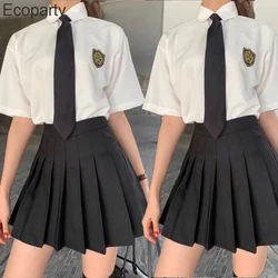 Women's Two-Piece College Style Korean School Uniform Suit Summer White Shirts Black Pleated Skirt Tie Set Femal Fashion Uniform