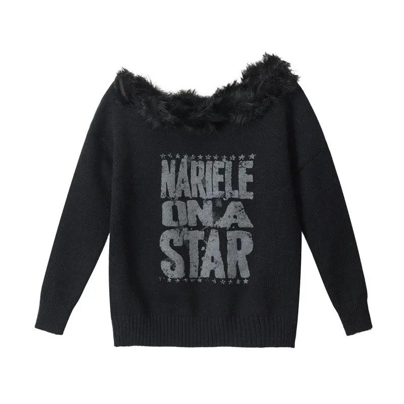 HeyHenry American Retro Spicy Girl Maglione monospalla Donna Autunno Colletto obliquo Stampa in pelliccia Maglia irt Vestibilità ampia Mediu...