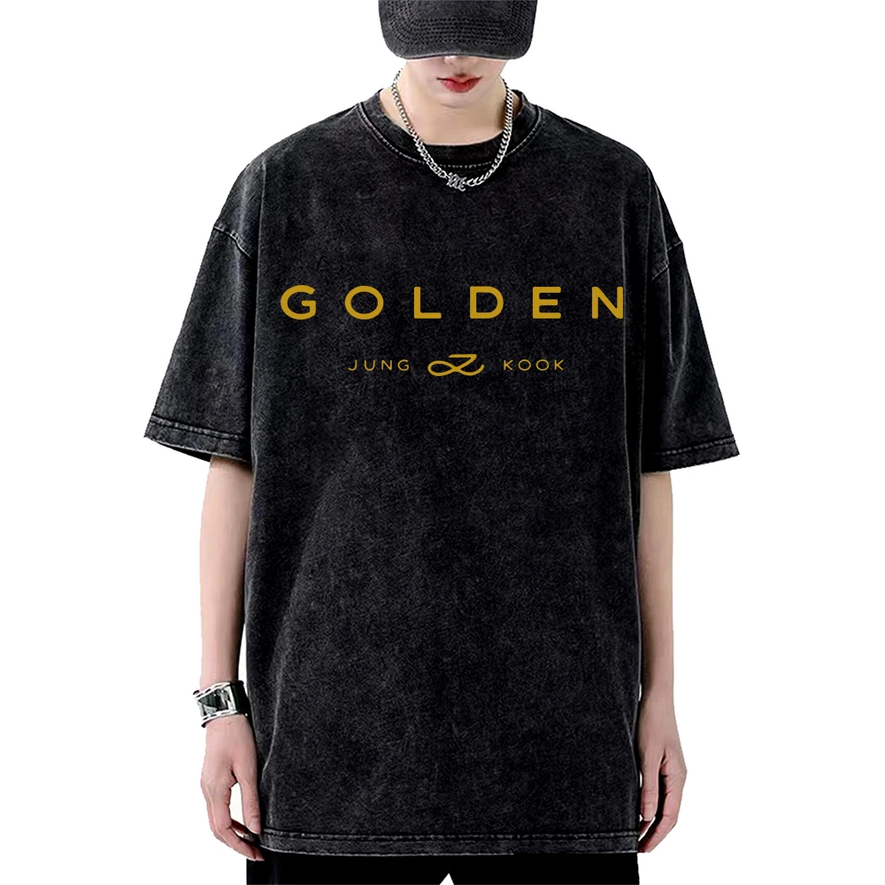 2024 Jungkook Kpop Golden Album T-Shirt Vintage Washed Oversized Y2K Women Shirts Cotton