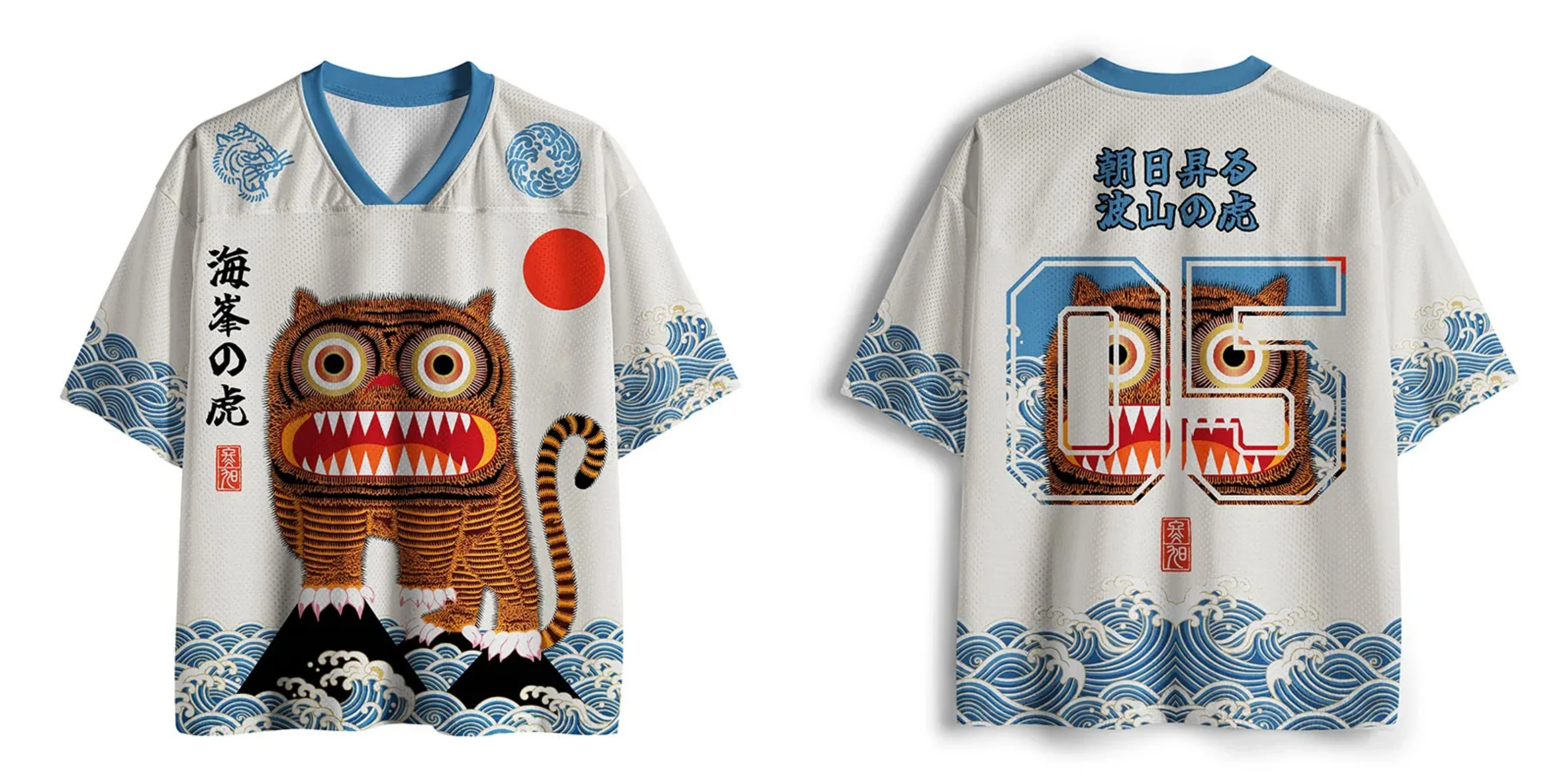 Folk Art Tiger Standing on Waves 3D Print Jersey Men Summer Sports Outdoors T-shirt Breathable Quick Drying Streetwear Clothing