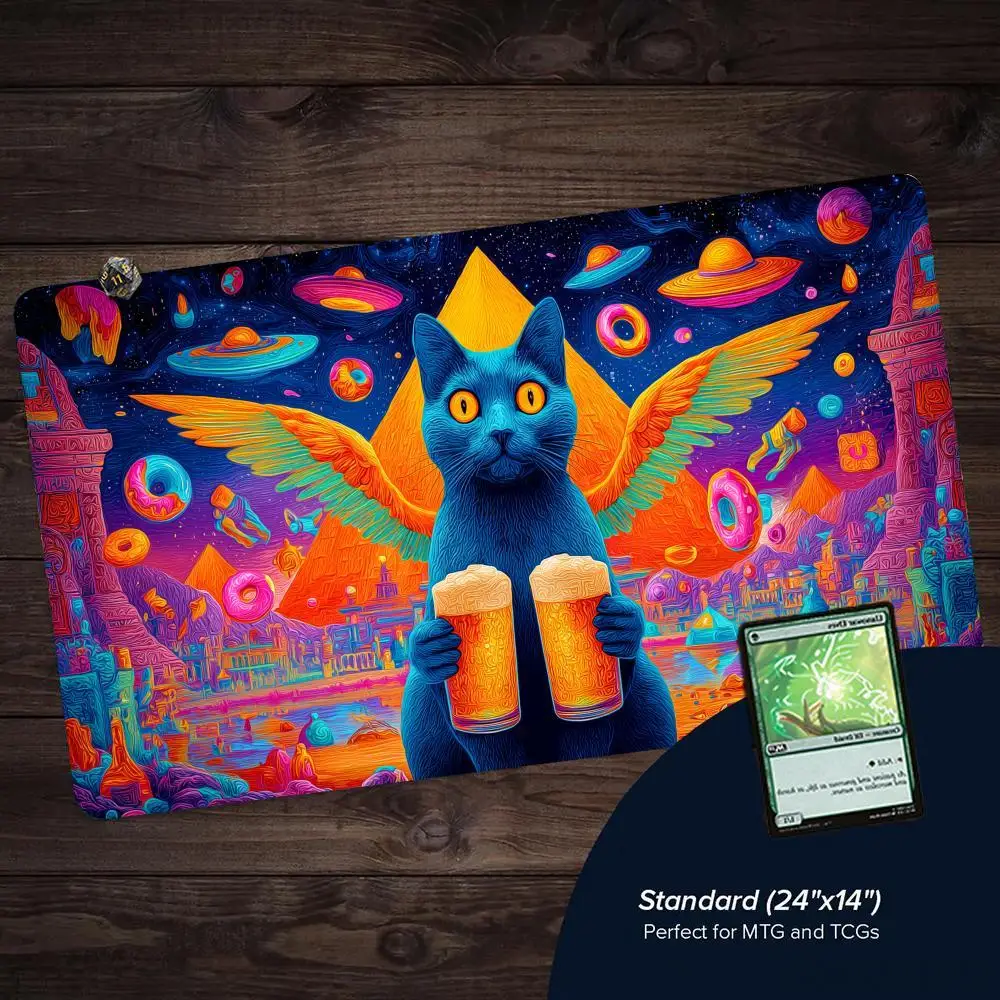 Fantasy Black Cat Party MTG Spielmatte Magic Card Mat mit genähtem Rand, rutschfeste, langlebige Tischunterlage, Brettspielmatte für TCG