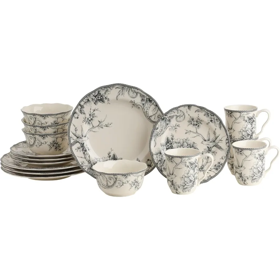 

Adelaide, 16 предметов, повседневный серый фарфоровый набор посуды, сервиз для 4 классических туалетов, птиц и цветочных дизайнов, микроволновая печь и посудомоечных принадлежностей