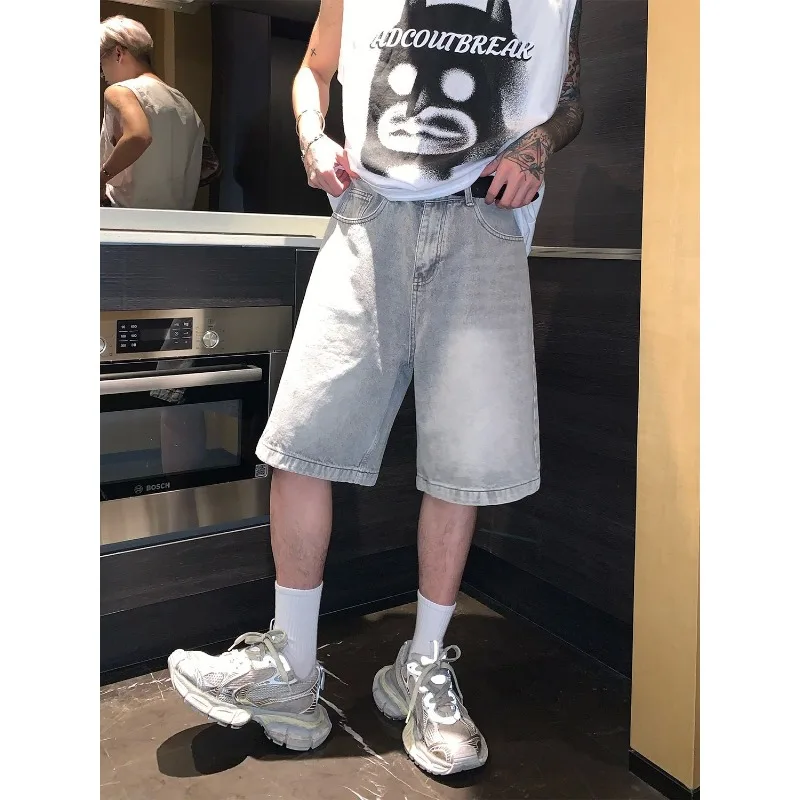 Mens High Waist Washed Distressed Straight Leg Knee Length Denim Bermuda Shorts