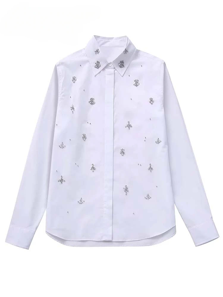 

2024 New Spring Women Fashion Elegant White Blouses Lapel Hollow Out Slim Shirt Woman Casual Streetwear Mujer Blusa Office Lady