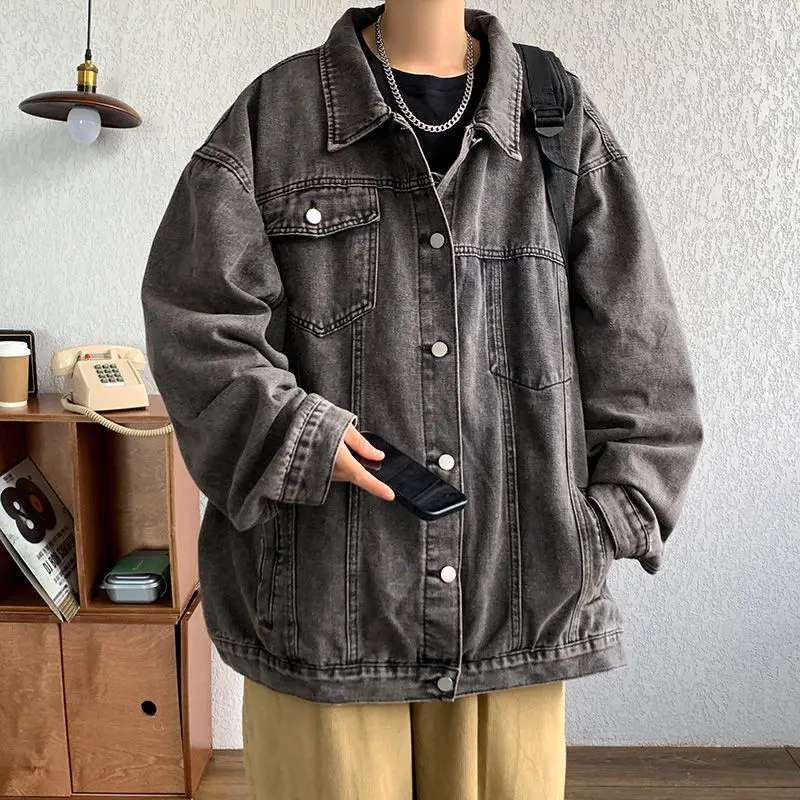 

Джинсовая куртка мужская High Street модная брендовая свободная рабочая одежда повседневные универсальные топы с лацканами для пар