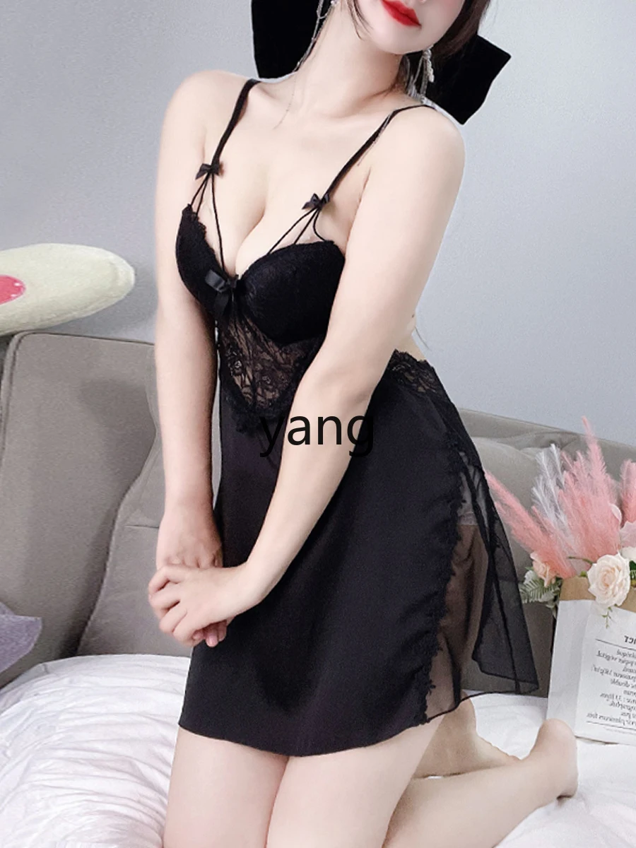 LMM steel ring gathers sexy pajamas women's large size with chest pad lace hollow backless suspender nightdress