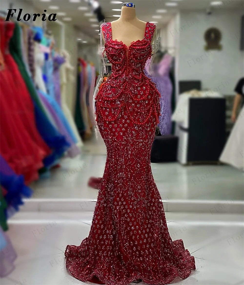 

Wine Red Custom Made Pearls Long Evening Dresses Dubai Formal Sequins Mermaid Cocktail Dress Wedding Party Dress Robes De Soiree