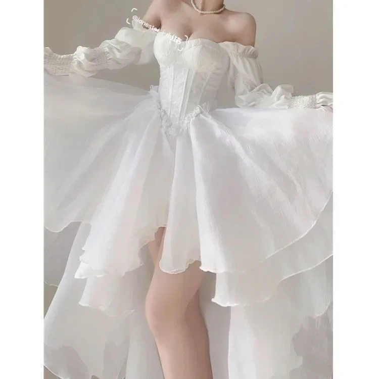 Elegant Sweet One Shoulder Dresses Summer Fashion New Long Sleeve Dress for Women Y2k Slim Waist White Vestidos De Mujer - Image 3