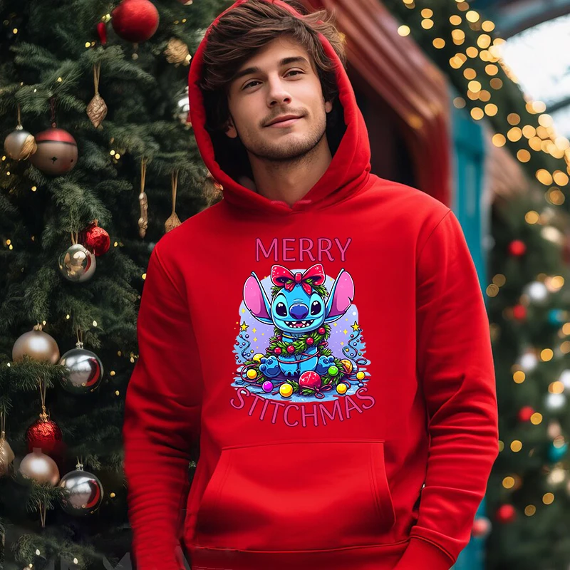 Sudadera con capucha con estampado navideño para hombre, suéter deportivo de terciopelo, ropa suelta roja, otoño e invierno, Stitch