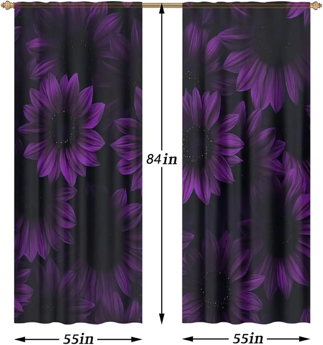 Purple Sunflower Window Curtains, Black Background Floral Print Drapes, Gothic Vintage Style Decor for Bedroom Living Room Home