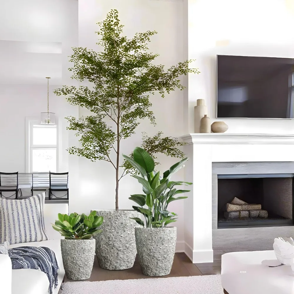 Duży zestaw 3 okrągłych betonowych doniczek do użytku na zewnątrz/wewnątrz z otworami drenażowymi, odpowiedni do doniczek o średnicy 16, 12 i 10 cali.