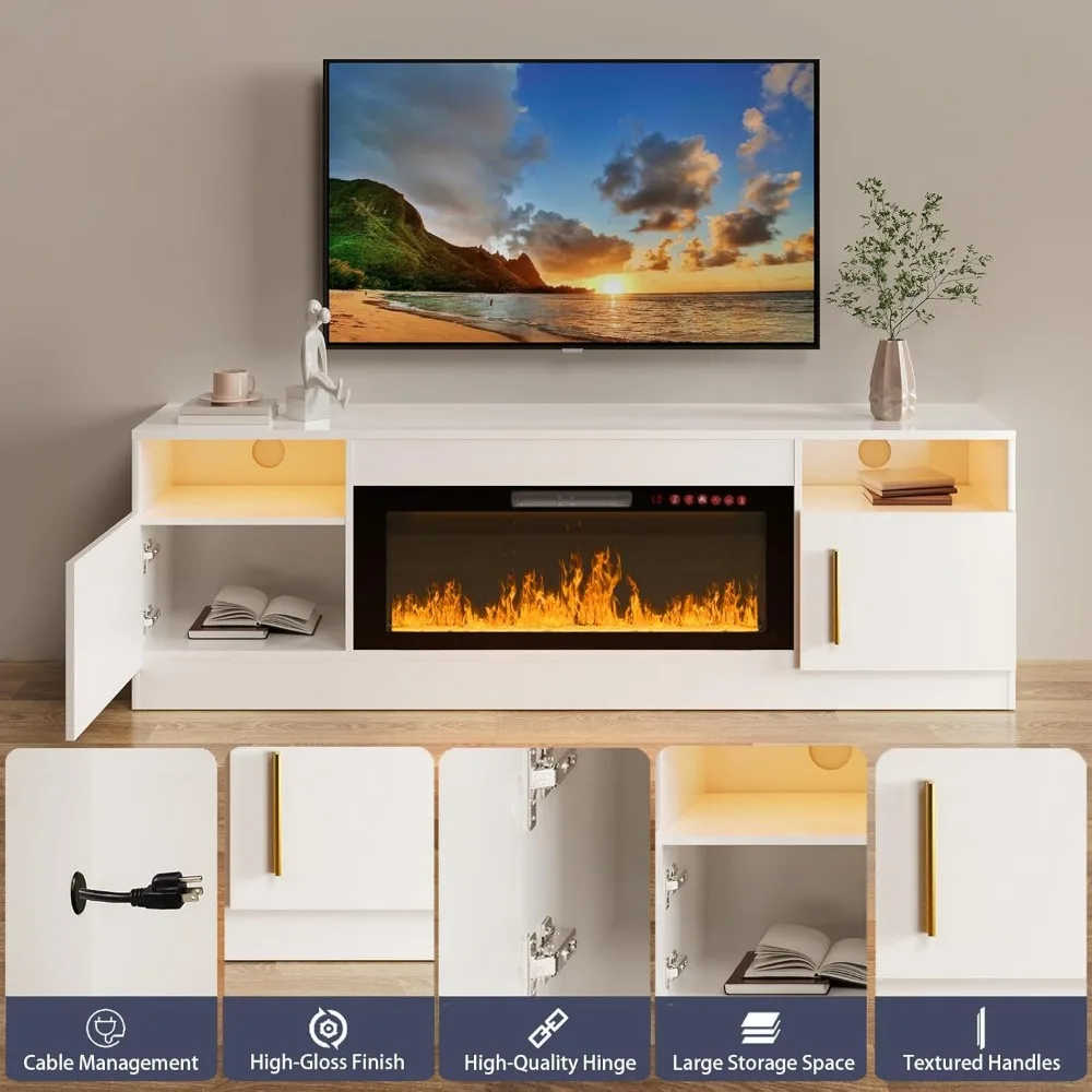 Suporte de TV com lareira elétrica de 70 polegadas para sala de estar - centro de entretenimento LED branco com inserção de lareira de 36 polegadas