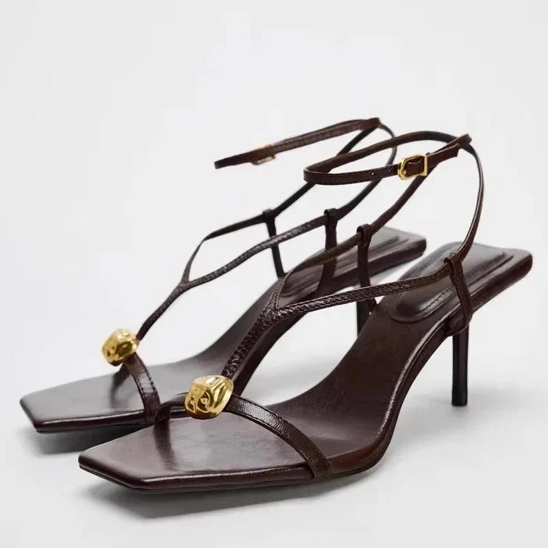 

Fashion Square Toe Ankle Buckle High Heeled Sandals Women Metal Decoration Designer Shoes Sexy Open Toe Narrow Band High Heels