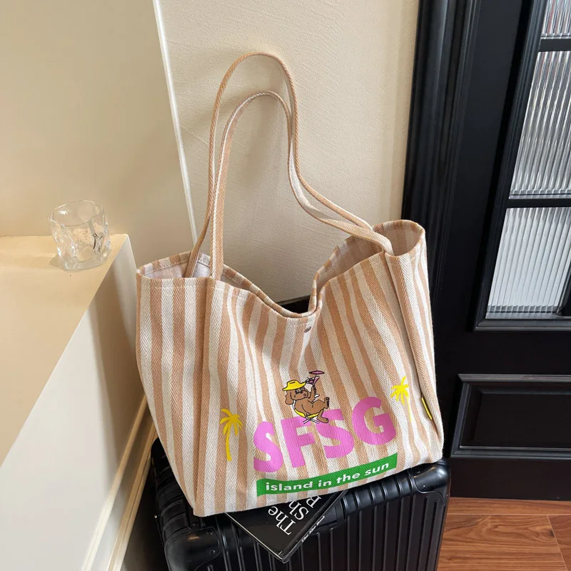 

Women's Handbag Striped Large Canvas Women Shoulder Shopper Bag Luxury Designer Cloth Tote Bags for Woman Trend Brands Female