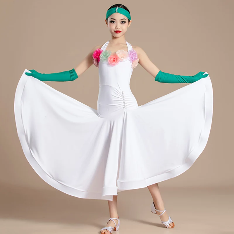 

Детский танцевальный костюм для девочек: современная бальные одежда для соревнований, с открытой спиной, пышной юбкой, для вальса по национальному стандарту