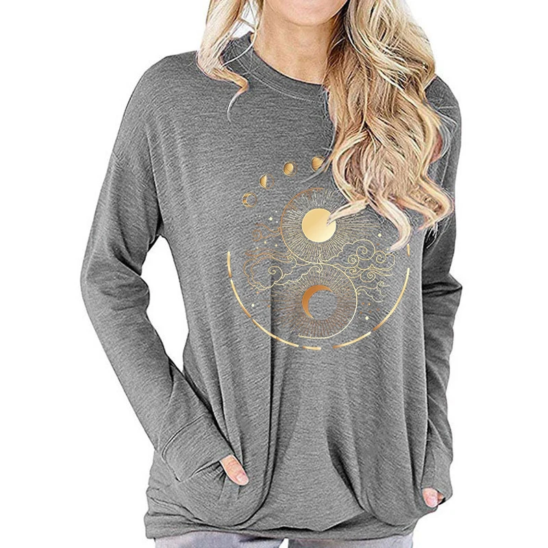 Mystic Moon and Sun T-shirt Mystical Moon Phase Fall Long Sleeve T-shirts Boho Vintage Moon Graphic Long-sleeved T-shirt Women