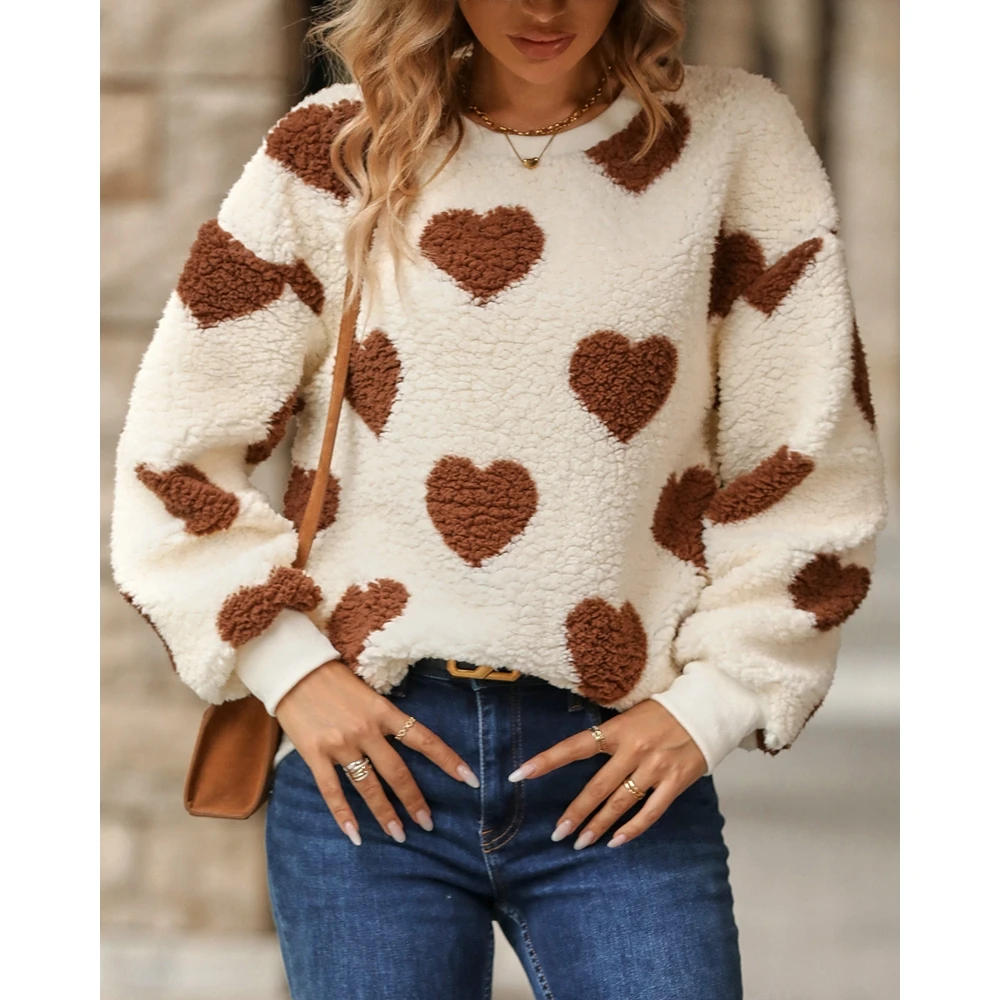 Elegant Women Heart Print Long Sleeve Casual Fluffy Sweatshirt Autumn Fashion Round Neck Top