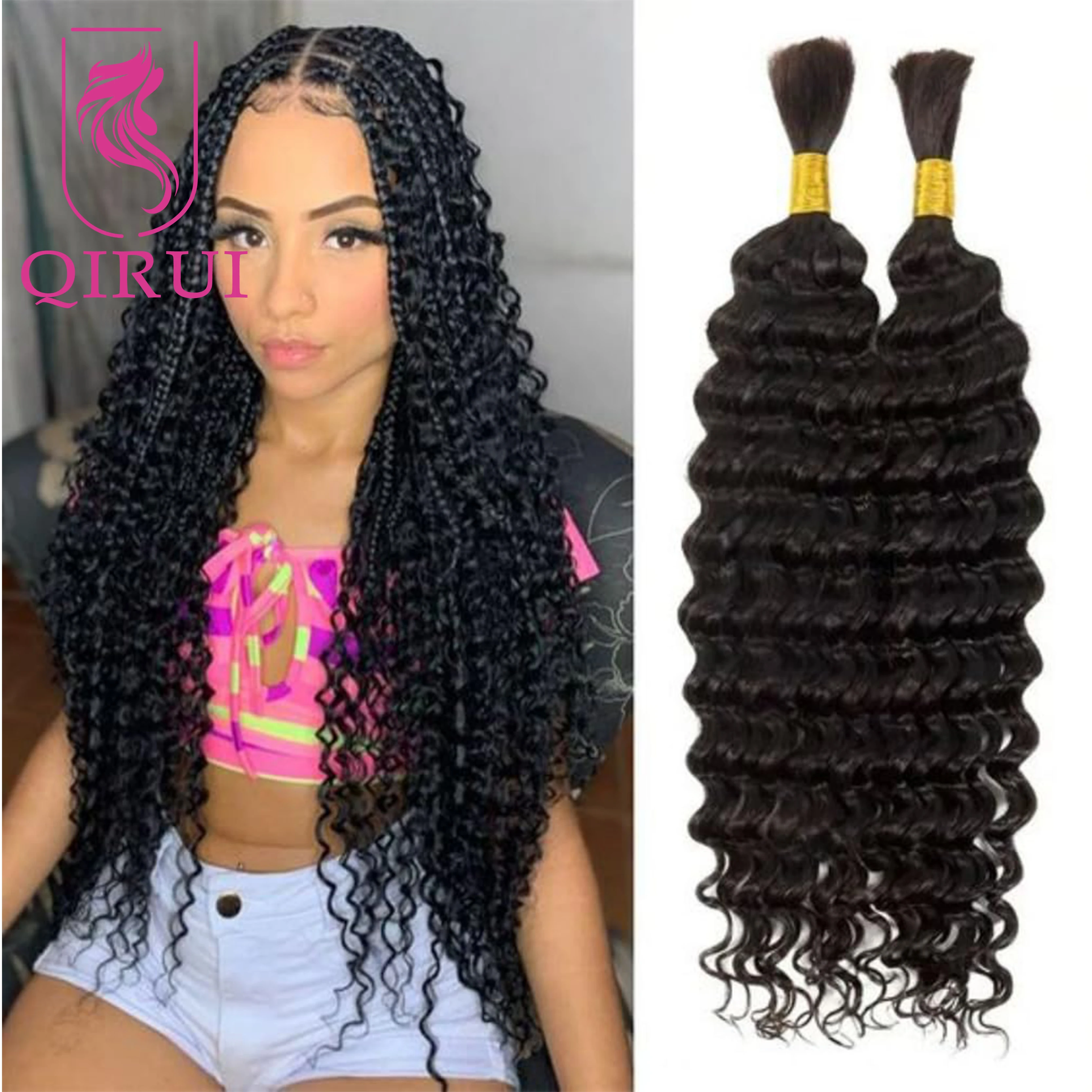 Human Hair Bulk For Braiding Deep Wave Brazilian Remy Double Drawn No Weft Extensions Boho Box Braids Hair For Black Women