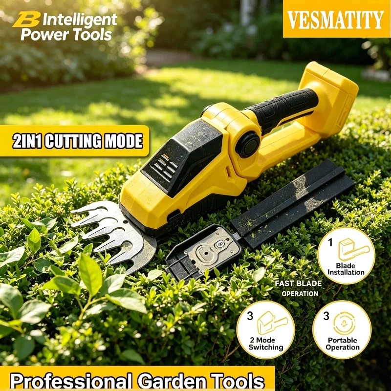 VESMATITY 2 in 1 Cordless Hedge Trimmer Grass Shears Handheld Electric Garden Tool for 20V Battery Max Pro Ultra Speed