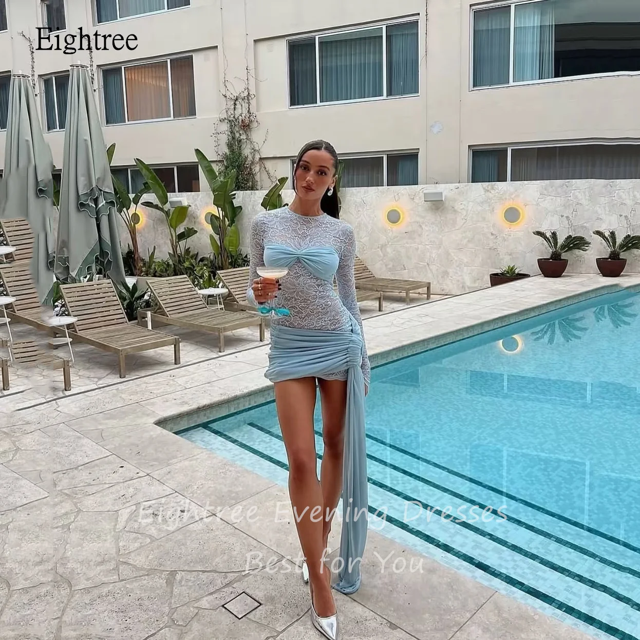 Eightree-Mini robe de soirée en mousseline de soie à col rond, sexy, bleu ciel, Rh, quelle que soit la dentelle, robe de soirée formelle, personnalisée
