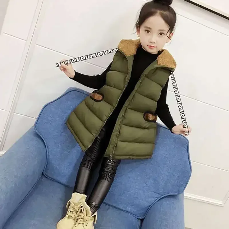 Winter Girls Cartoon Shower Hooded Warm Fleece Lined Long Zip Vest Children Waistcoats School Kids Outfit Tops For 3-14 Years image 5
