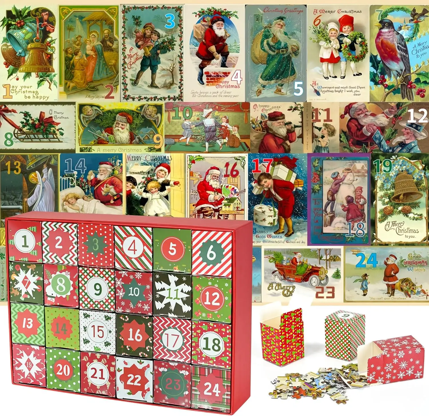 ปฏิทินจุติ 2025 ปริศนาคริสต์มาส - 24 กล่องนับถอยหลังคริสต์มาสสําหรับผู้ใหญ่และเด็ก, เกมครอบครัว 1,000 ชิ้น, Vintage Winter Ho